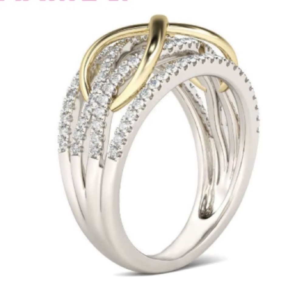 Two-Tone Crossover Sparkling Clear Stones Ring (R83) - Picture 4 of 6